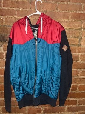 Volcom Teal & Red Hooded Windbreaker Jacket